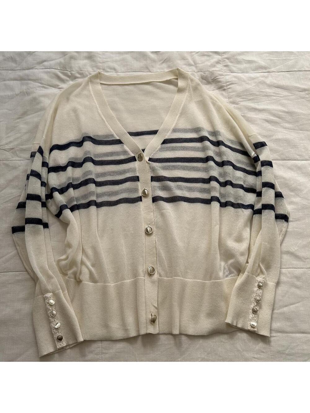Axes Femme Cream Striped Knit Cardigan Button Detail Sweater M Japan